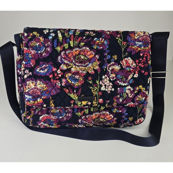 Vera Bradley Essential Messenger or Computer Bag of Midnight Wildflowers - Picture 1 of 13